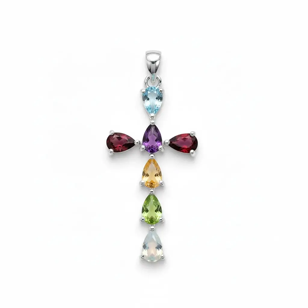 pendant gemstone cross 22g multi gemstone a silver pendant cross design with 4x6mm pear multi gemstone