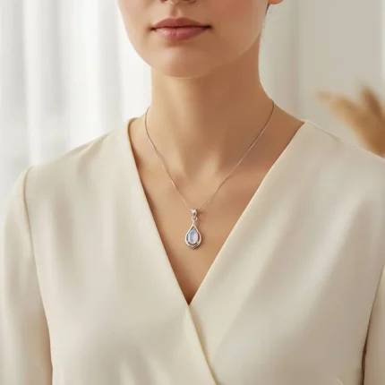 model wearing silver pendant with 5x7 mm oval shaped rainbow moonstone