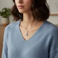 model wearing silver pendant with 5x7 mm oval shaped swiss blue topaz