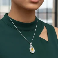 model wearing silver pendant with 5x7 mm oval citrine