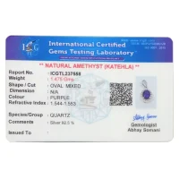 Authenticity certificate for silver gemstone jewelry pendant gemstone amethyst