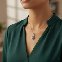 model wearing silver pendant with 5x7 mm oval swiss blue topaz