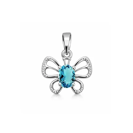 silver pendant butterfly shaped with 5x7 mm oval swiss blue topaz
