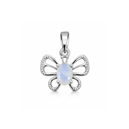 silver pendant butterfly shaped with 5x7 mm oval rainbow moonstone