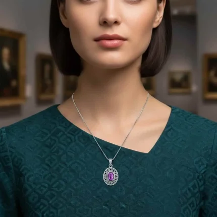 model wearing silver pendant with 5x7 mm oval brazilian amethyst