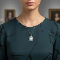 model wearing silver pendant with 5x7 mm oval rainbow moonstone