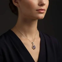 model wearing silver pendant with 5x7 mm oval amethyst