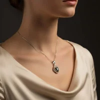 model wearing silver pendant with 5x7 mm oval black onyx