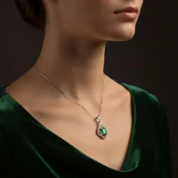model wearing silver pendant with 5x7 mm oval green onyx