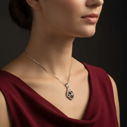 model wearing silver pendant with 5x7mm oval smoky quartz