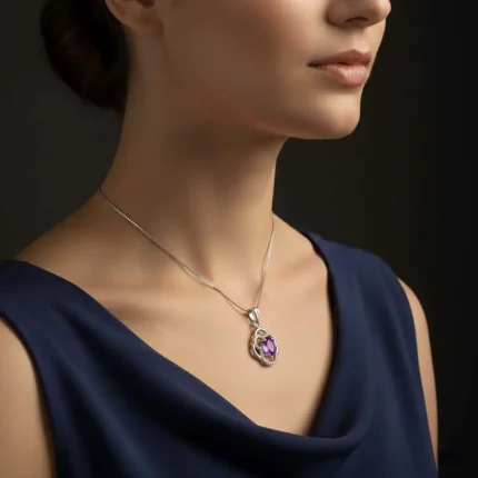 model wearing silver pendant with 5x7 mm oval brazilian amethyst