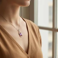 model wearing silver pendant with 5x7 mm oval brazilian amethyst
