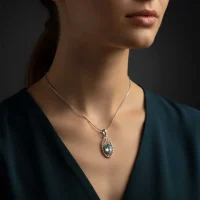 model wearing silver pendant with 5x7 mm oval blue topaz