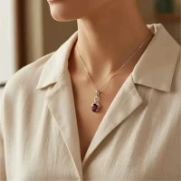 model wearing silver pendant with 5x7 mm oval garnet