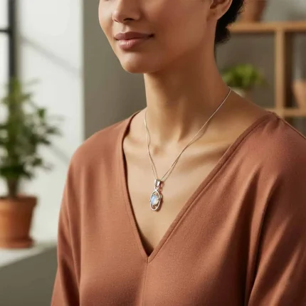 model wearing silver pendant with 6x4 mm oval rainbow moonstone