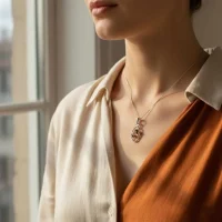model wearing silver pendant with 6x4 mm oval smoky quartz
