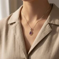 model wearing silver pendant with 6x4 mm oval amethyst