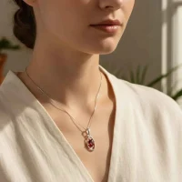 model wearing silver pendant with 6x4 mm oval garnet