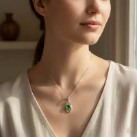 model wearing silver pendant with 6x4 mm oval green onyx