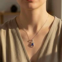 model wearing silver pendant with 6x4 mm oval iolite