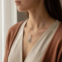 model wearing silver pendant with 6x4 mm oval labradorite