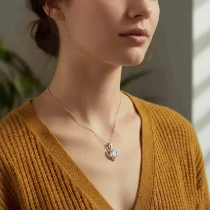 model wearing silver pendant heart shaped with 6x4 mm oval rainbow moonstone