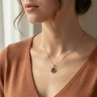 model wearing silver pendant heart shaped with 6x4 mm oval garnet