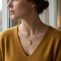 model wearing silver pendant heart shaped with 6x4 mm oval citrine