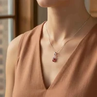 model wearing silver pendant with 6x4 mm pear garnet