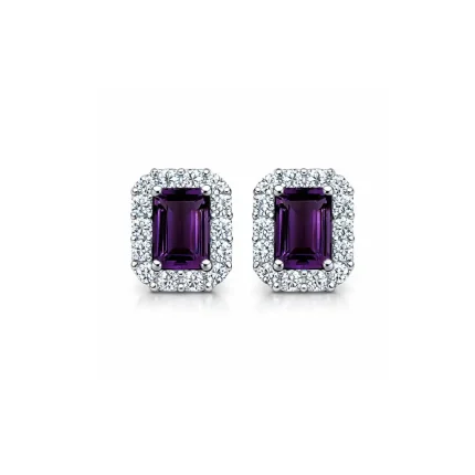 silver studs cluster with 5x7 mm octagon Amethyst and cubic zirconia