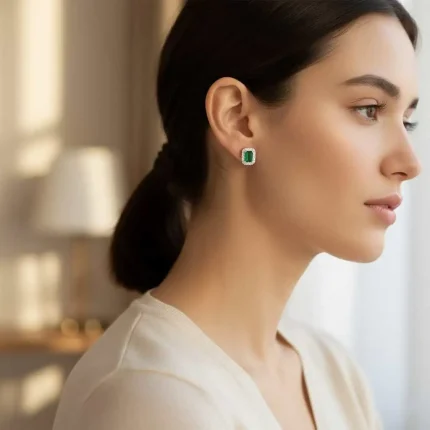 model wearing silver studs cluster with 5x7 mm octagon Green Onyx and cubic zirconia