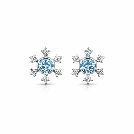 silver studs snowflake design with 5 mm round blue topaz in band setting and cubic zirconia in prong setting