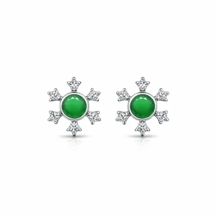 silver studs snowflake design with 5 mm round green onyx in band setting and cubic zirconia in prong setting