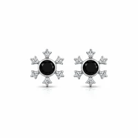 silver studs snowflake design with 5 mm round black onyx in band setting and cubic zirconia in prong setting