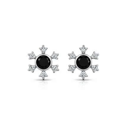 silver studs snowflake design with 5 mm round black onyx in band setting and cubic zirconia in prong setting
