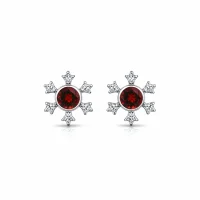 silver studs snowflake design with 5 mm round garnet in band setting and cubic zirconia in prong setting