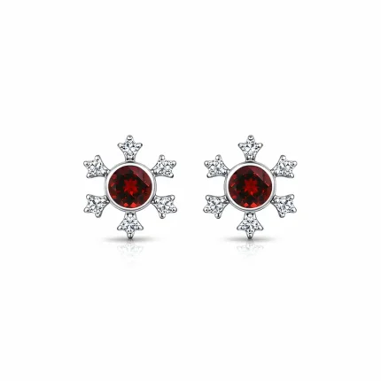 silver studs snowflake design with 5 mm round garnet in band setting and cubic zirconia in prong setting