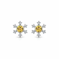 silver studs snowflake design with 5 mm round citrine in band setting and cubic zirconia in prong setting