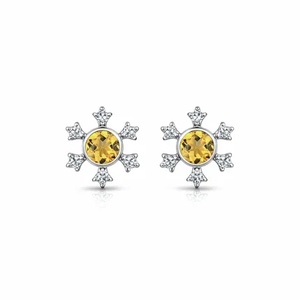 silver studs snowflake design with 5 mm round citrine in band setting and cubic zirconia in prong setting