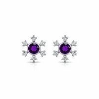 silver studs snowflake design with 5 mm round amethyst in band setting and cubic zirconia in prong setting