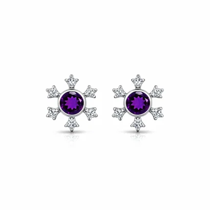 silver studs snowflake design with 5 mm round amethyst in band setting and cubic zirconia in prong setting