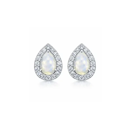 silver studs cluster with 7x5 mm pear Rainbow Moonstone and cubic zirconia