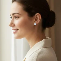 model wearing silver studs cluster with 7x5 mm pear Rainbow Moonstone and cubic zirconia