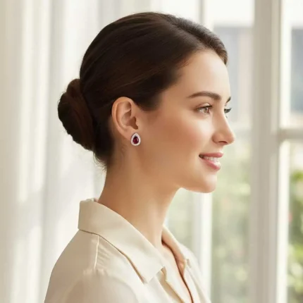 model wearing silver studs cluster with 7x5 mm pear Garnet and cubic zirconia