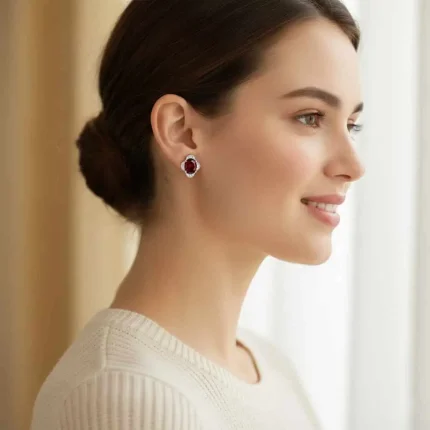 model wearing silver studs with 7x9 mm oval Garnet and cubic zirconia