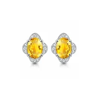 silver studs with 7x9 mm oval Citrine and cubic zirconia