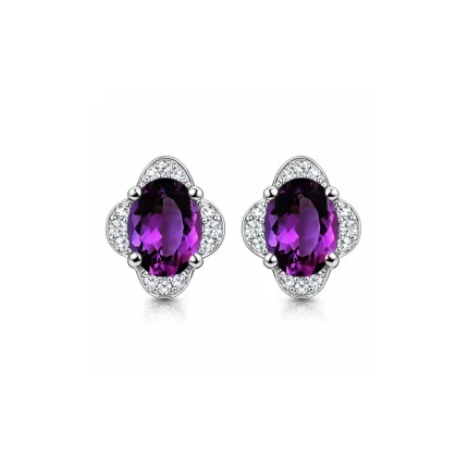 silver studs with 7x9 mm oval Amethyst and cubic zirconia