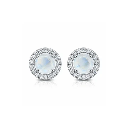 silver studs cluster with 6mm round Rainbow Moonstone and cubic zirconia