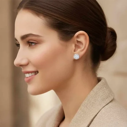 model wearing silver studs cluster with 6mm round Rainbow Moonstone and cubic zirconia