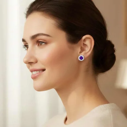 model wearing silver studs cluster with 6mm round Amethyst and cubic zirconia